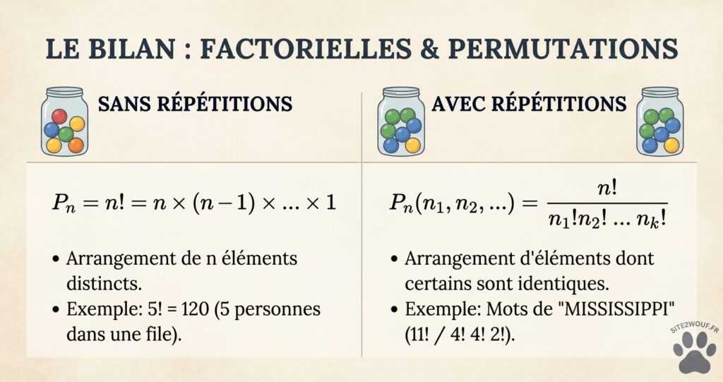 Le bilan sur les factorielles, permutations sans ou avec répétitions