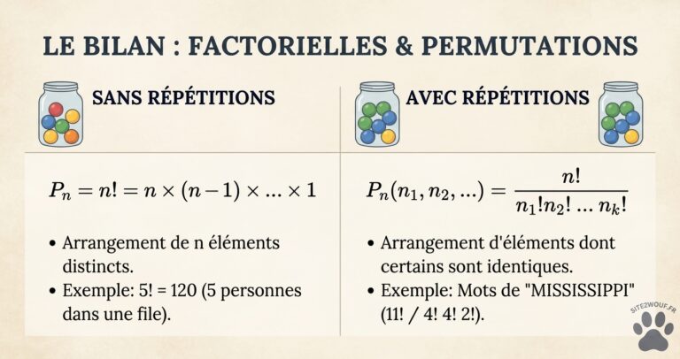Le bilan sur les factorielles, permutations sans ou avec répétitions