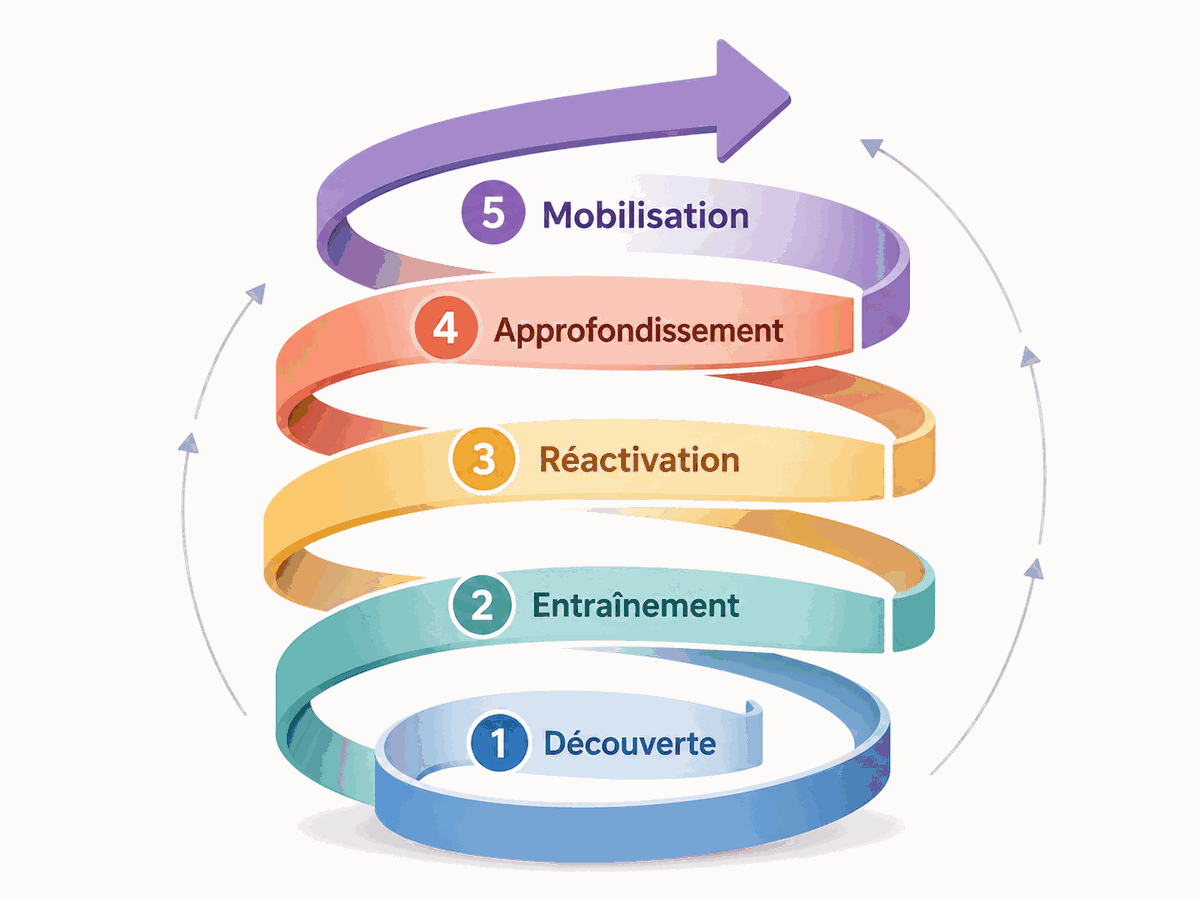 Schéma en spirale ascendante des cinq étapes d’une progression spiralée : découverte, entraînement, réactivation, approfondissement, mobilisation.
