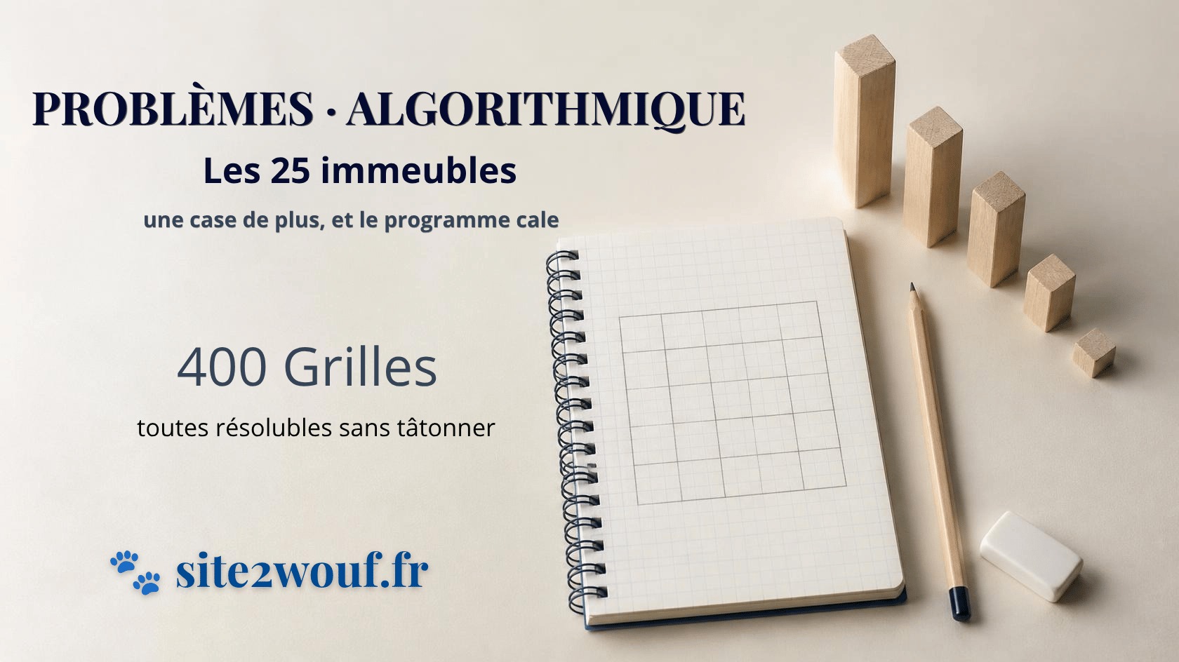 Un carnet à petits carreaux portant une grille 5×5 vide, un crayon, une gomme et cinq blocs de bois de hauteurs décroissantes alignés comme des immeubles.