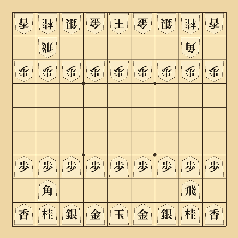 Plateau de shogi : les pièces des deux camps sont identiques et ne se distinguent que par le sens dans lequel elles pointent