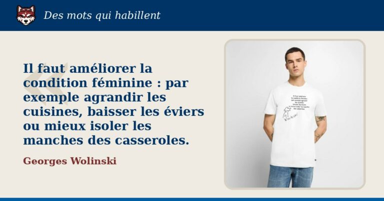 « Il faut améliorer la condition féminine : par exemple agrandir les cuisines, baisser les éviers ou mieux isoler les manches des casseroles. », Georges Wolinski : la citation et le T-shirt qui la porte