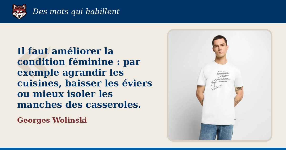 « Il faut améliorer la condition féminine : par exemple agrandir les cuisines, baisser les éviers ou mieux isoler les manches des casseroles. », Georges Wolinski : la citation et le T-shirt qui la porte