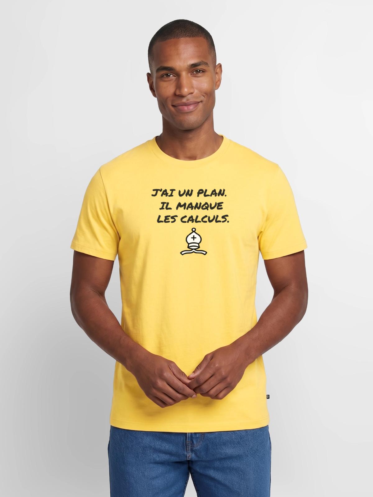 T-shirt jaune : « J’ai un plan. Il manque les calculs. » sous un fou d’échecs dessiné