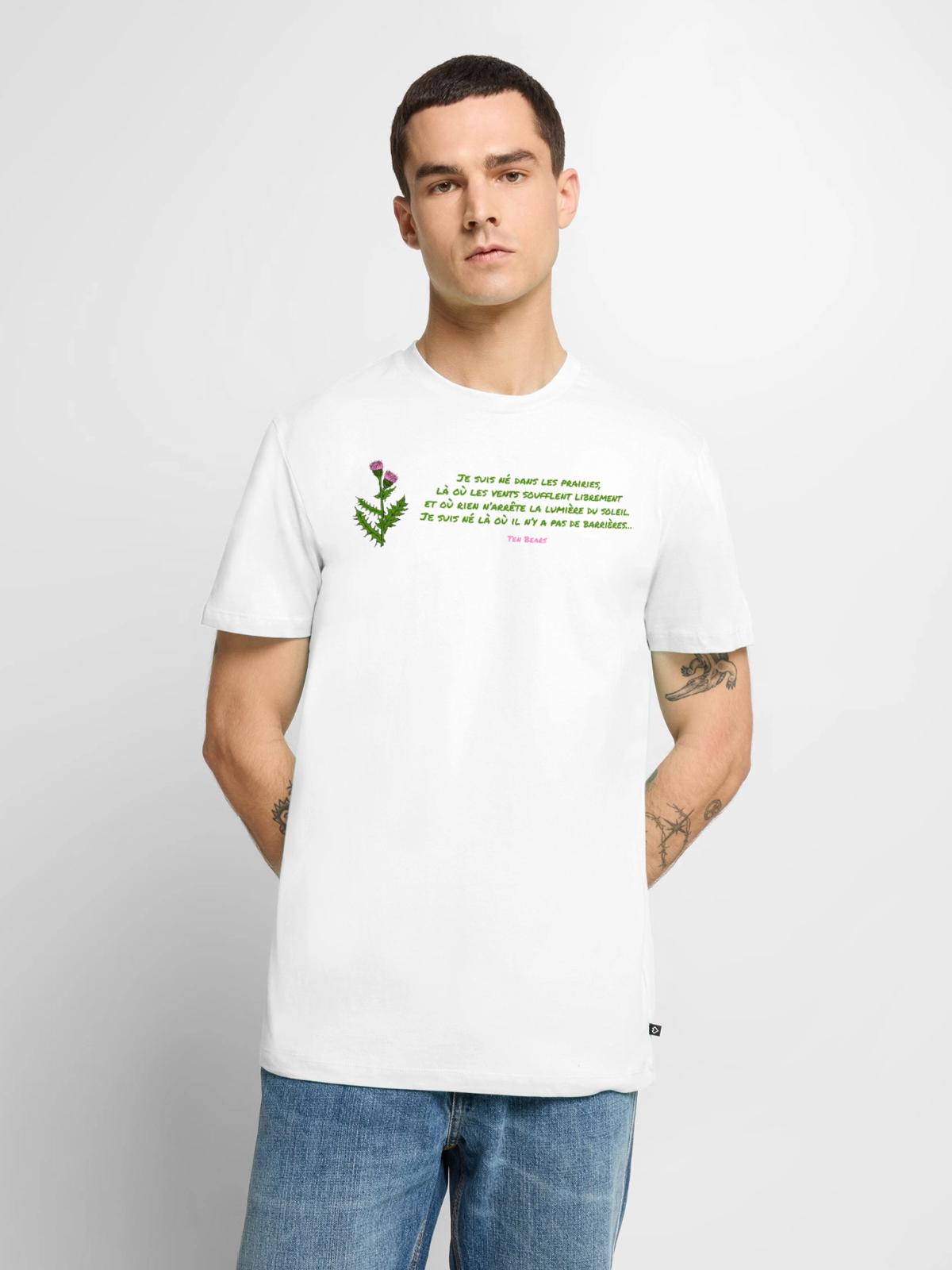 T-shirt blanc : un chardon en fleur et « Je suis né dans les prairies… », signé Ten Bears