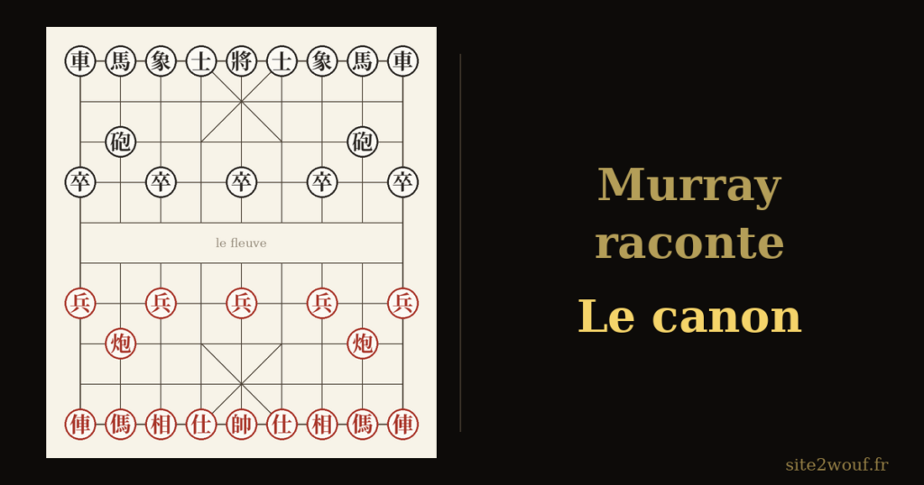 Plateau de xiangqi avec ses trente-deux pièces sur les intersections, le fleuve et les deux palais, avec la mention Murray raconte, le canon
