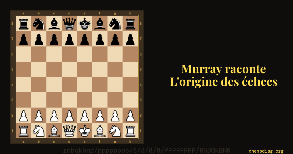 Position de depart du shatranj sur un echiquier : les memes pieces et les memes cases qu'aux echecs modernes, avec la mention Murray raconte, l'origine des echecs