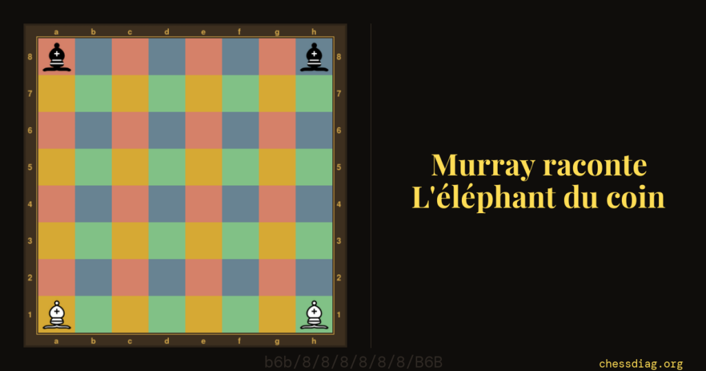 Échecs indiens — Échiquier entièrement coloré en quatre teintes, un éléphant dans chaque coin, chaque couleur marquant les seize cases accessibles à un éléphant