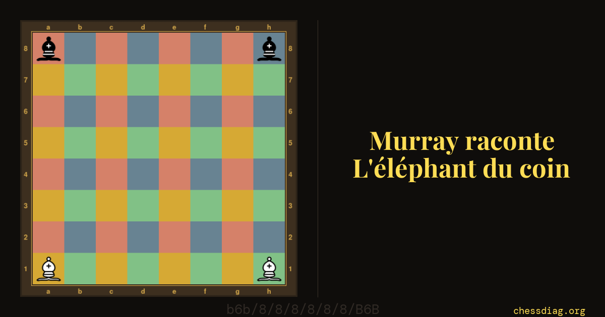Échecs indiens — Échiquier entièrement coloré en quatre teintes, un éléphant dans chaque coin, chaque couleur marquant les seize cases accessibles à un éléphant