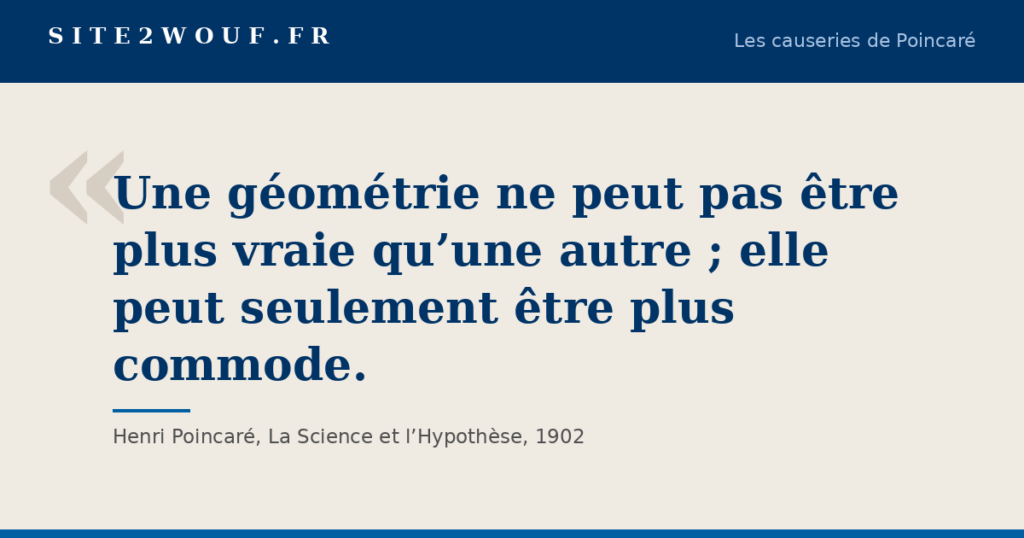 Géométries non euclidiennes — Carte de la série Les causeries de Poincaré : « Une géométrie ne peut pas être plus vraie qu’une autre ; elle peut seulement être plus commode. », Henri Poincaré, La Science et l’Hypothèse, 1902