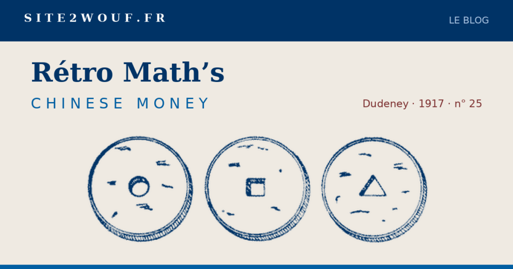 Carte de partage : Rétro Math's, CHINESE MONEY, Dudeney 1917, avec la gravure des trois pièces percées