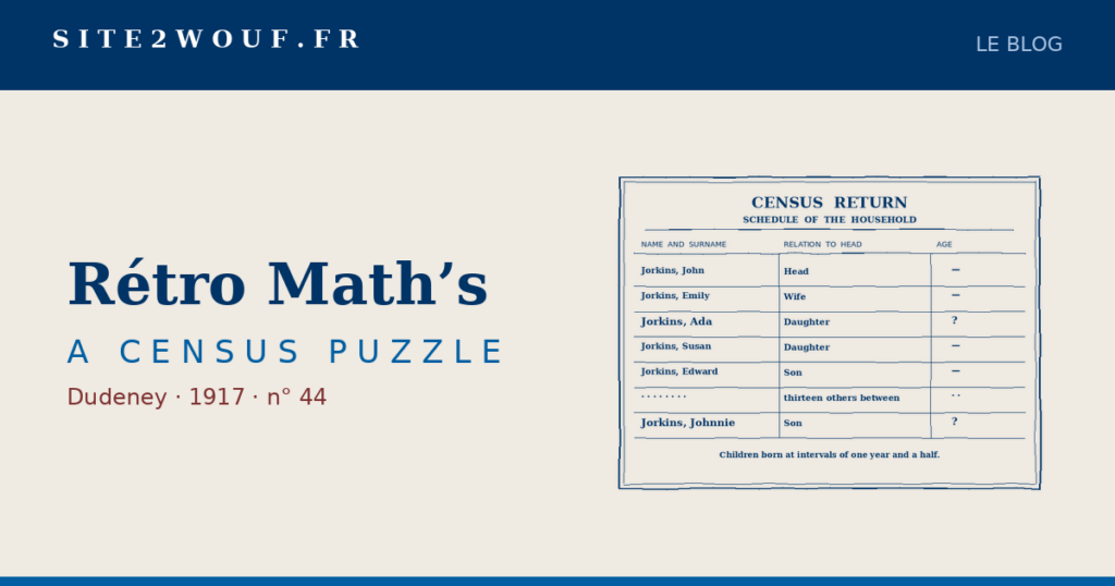 Carte de partage : Rétro Math's, A CENSUS PUZZLE, Dudeney 1917, avec une feuille de recensement composée pour la série
