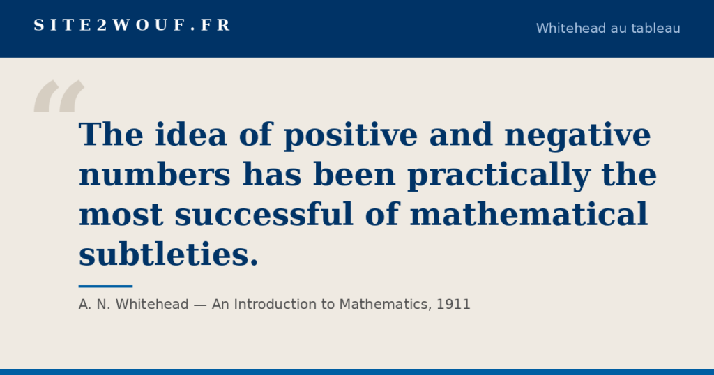 Nombre négatif — Carte de la série Whitehead au tableau : « The idea of positive and negative numbers has been practically the most successful of mathematical subtleties. », A. N. Whitehead, An Introduction to Mathematics, 1911