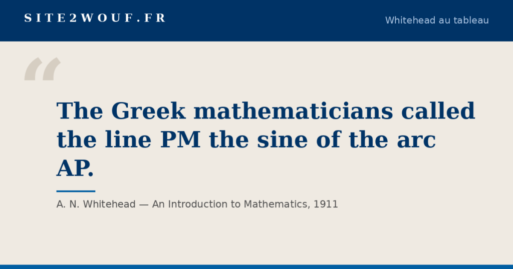 Sinus — Carte de la série Whitehead au tableau : « The Greek mathematicians called the line PM the sine of the arc AP. », A. N. Whitehead, An Introduction to Mathematics, 1911