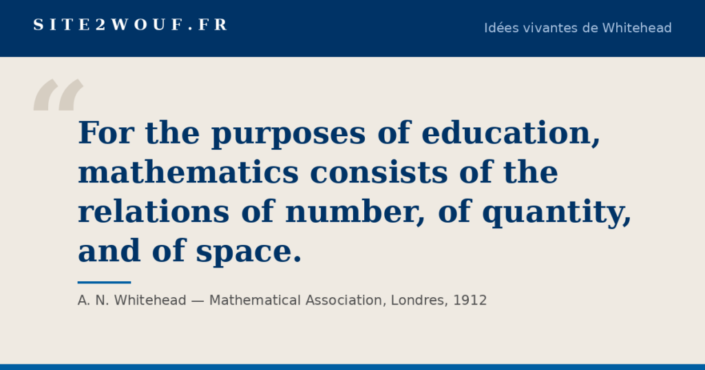Carte de la série Idées vivantes de Whitehead : « For the purposes of education, mathematics consists of the relations of number, of quantity, and of space. », A. N. Whitehead, Mathematical Association, Londres, 1912