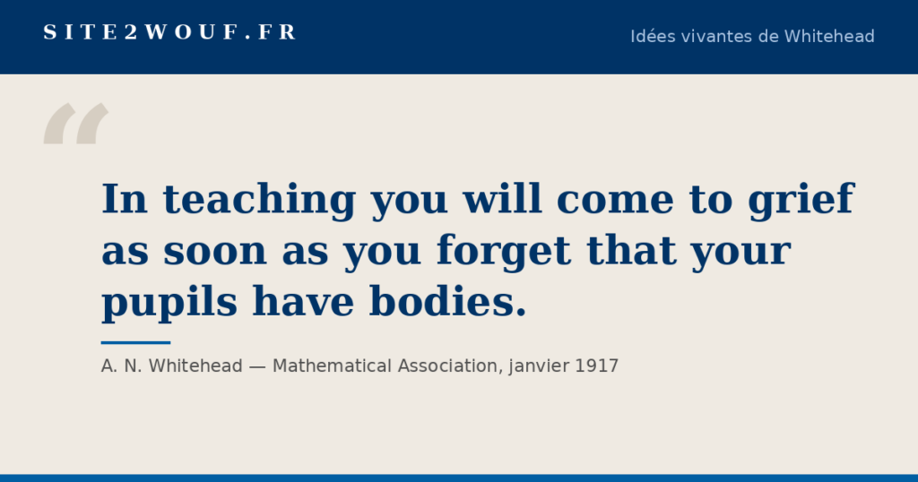 Carte de la série Idées vivantes de Whitehead : « In teaching you will come to grief as soon as you forget that your pupils have bodies. », A. N. Whitehead, Mathematical Association, janvier 1917