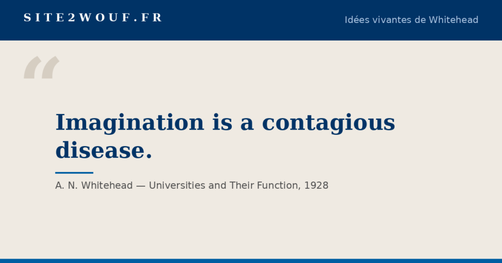Carte de la série Idées vivantes de Whitehead : « Imagination is a contagious disease. », A. N. Whitehead, Universities and Their Function, 1928