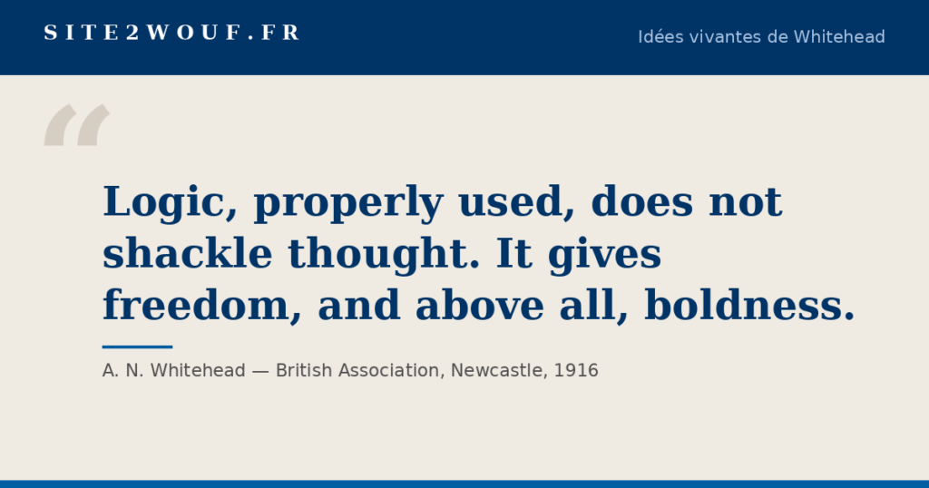 Carte de la série Idées vivantes de Whitehead : « Logic, properly used, does not shackle thought. It gives freedom, and above all, boldness. », A. N. Whitehead, British Association, Newcastle, 1916