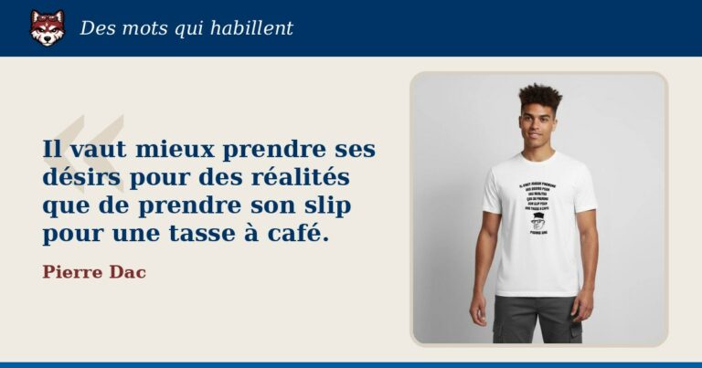 « Il vaut mieux prendre ses désirs pour des réalités que de prendre son slip pour une tasse à café. », Pierre Dac : la citation et le T-shirt qui la porte