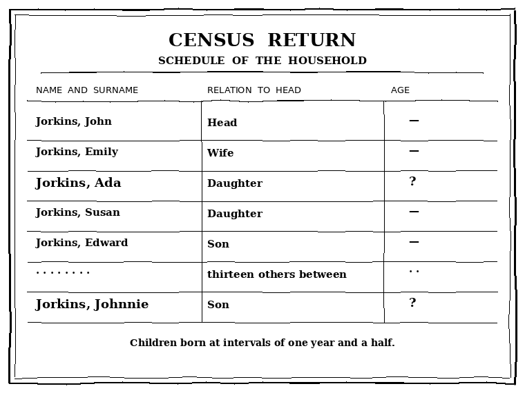 Feuille de recensement dessinée pour l'occasion : les Jorkins, la relation au chef de famille, et la colonne des âges laissée en points d'interrogation