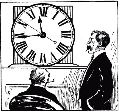 Gravure de 1917 : deux messieurs en habit contemplent une grande pendule de cheminée à chiffres romains, arrêtée