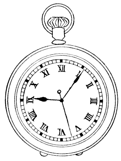 Gravure de 1917 : un chronomètre de poche à chiffres romains, arrêté, dont les trois aiguilles sont presque également écartées
