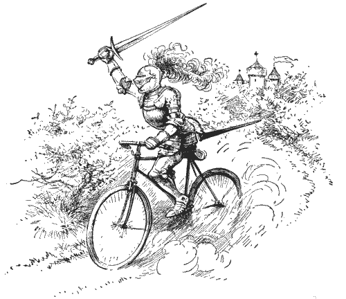 Gravure de 1917 : un chevalier en armure, épée levée et lance sous le bras, fonce à bicyclette vers un château
