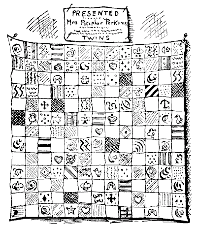 Gravure de 1917 : un édredon en patchwork carré, formé de treize rangées de treize carrés cousus
