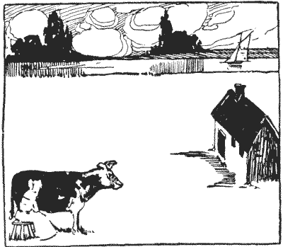 Gravure de 1917 : une laitière trait sa vache dans le coin d'un pré, la laiterie se trouve à droite et la rivière borde le pré au fond