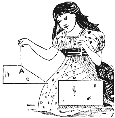 Gravure de 1917 : une fillette tient au bout d'un fil une carte de bristol dont un coin a été coupé en biais, et qui pend le grand côté horizontal ; la seconde carte, entière, est posée sur ses genoux