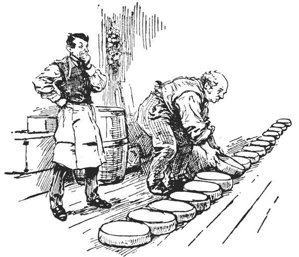 Gravure de 1917 : dans un entrepôt, un vieux fromager penché déplace des meules alignées sur le sol, sous le regard perplexe de son commis en tablier