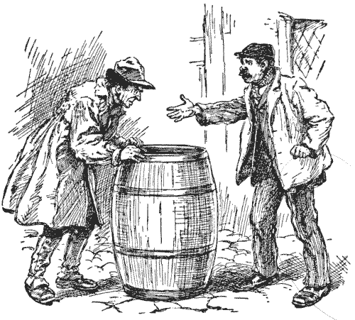 Gravure de 1917 : deux hommes dans une cour se disputent au sujet du contenu d'un tonneau posé entre eux