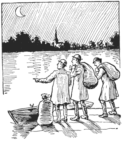Gravure de 1917 : trois hommes portant des sacs, la nuit, au bord d'une rivière, devant une petite barque, un clocher au loin