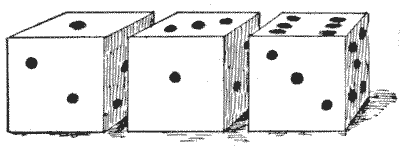 Gravure de 1917 : trois dés alignés montrant respectivement un, trois et six points
