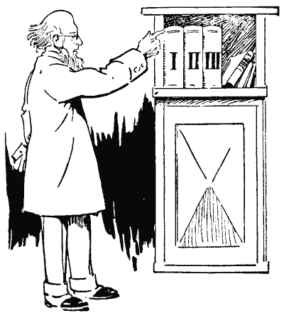 Gravure de 1917 : un professeur barbu à lunettes désigne trois volumes numérotés I, II et III rangés côte à côte sur une étagère